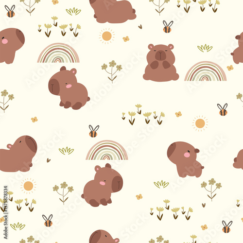 Cute capybaras pattern with sun, bees, flowers and rainbows. 