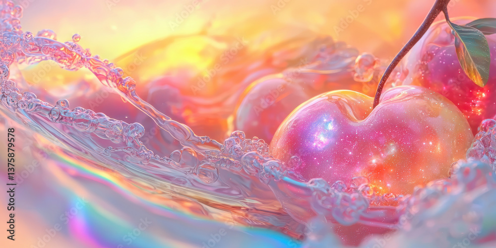 Fototapeta premium Colorful apples floating in shimmering water, creating magical and dreamy atmosphere with vibrant hues and reflections