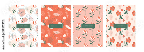 Floral patterned covers for notebook, calendar, journal or sketchbook. Botanical backgrounds and frames with hand-drawn daisy flowers.