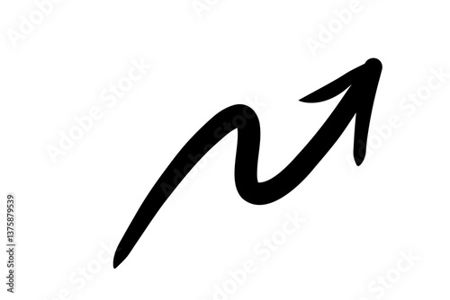 右肩上がりのくねくねした手書きの矢印 　ベクター　黒