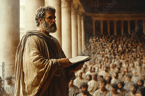Philosopher lectures students in ancient Roman hall filled with eager listeners