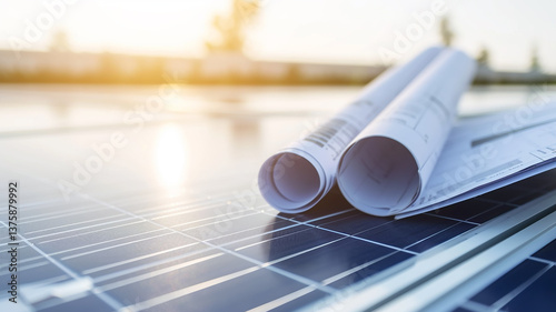Construction project on the background of solar batteries, image of green energy