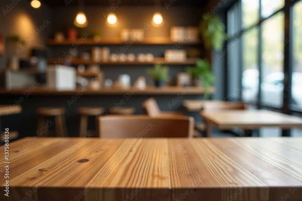 Minimalist wooden table in cafe background blur, wood table, cafe Minimalist wooden table in cafe background blur, wood table, cafe