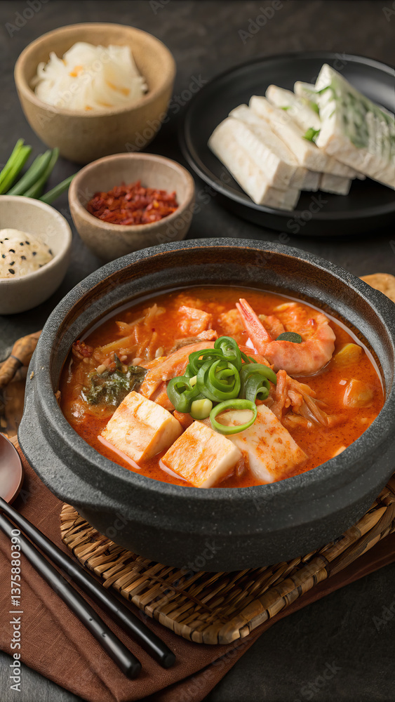 Kimchi Chchige (Korea): Spicy soup with kimchi, tofu and meat (or seafood). food vertical format Kimchi Chchige (Korea): Spicy soup with kimchi, tofu and meat (or seafood). food vertical format