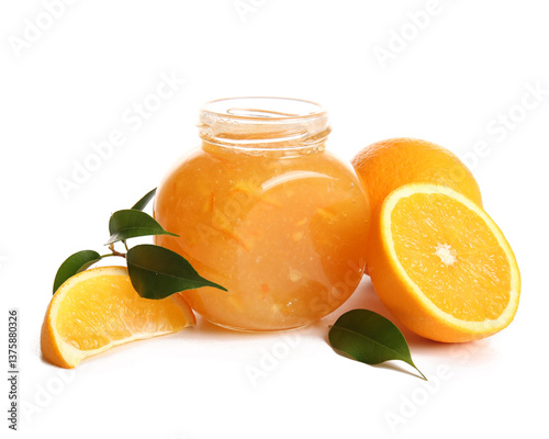 Fototapeta Naklejka Na Ścianę i Meble -  Jar of sweet orange jam and fruits on white background