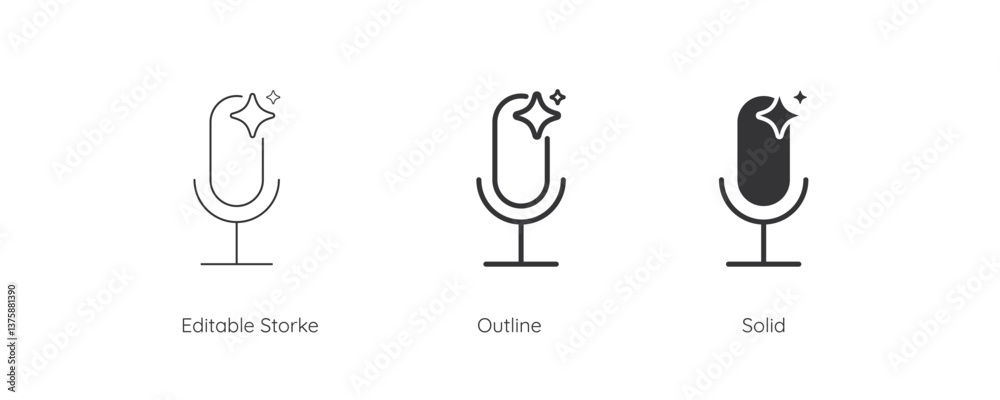 Ai voice generator icon set. Microphone with Ai sparkle. Line and silhouette icon. Icons for app user interface and web elements. Vector illustration. Editable stroke. Ai voice generator icon set. Microphone with Ai sparkle. Line and silhouette icon. Icons for app user interface and web elements. Vector illustration. Editable stroke.