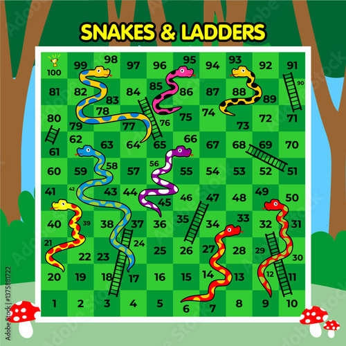 vector snakes and ladders board game with jungle background