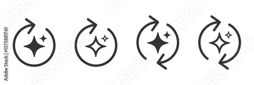 Regenerate icon set. Reset and Re-generate. Arrow with AI sparkle symbol. Artificial intelligence sign. Icons for app user interface and web elements. Vector illustration.