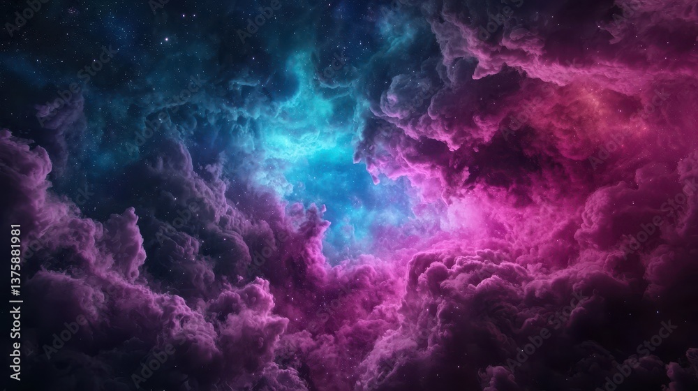 Fototapeta premium A vibrant cosmic scene featuring swirling clouds of purple and blue hues, set against a starry background, evoking the beauty of the universe.