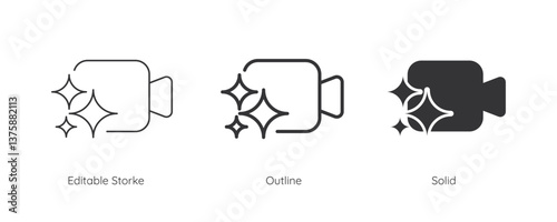 Generate video AI icon set. Video camera with generate symbol. Line and silhouette icon. Icons for app user interface and web elements. Vector illustration. Editable stroke.