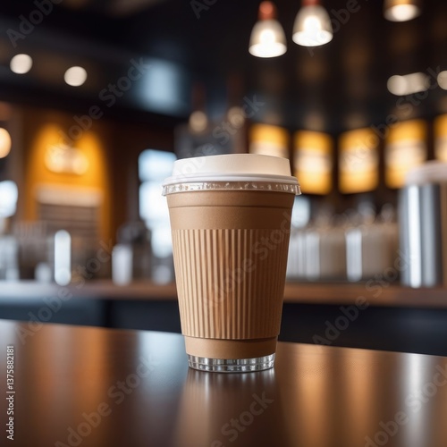 Paper cup with coffee on the bar counter