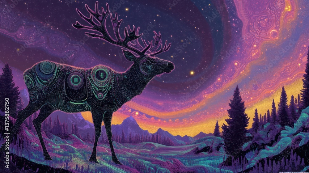 An Elk Stands In A Night Sky With Colorful Abstract Patterns An Elk Stands In A Night Sky With Colorful Abstract Patterns