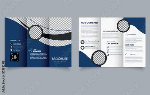 Corporate Trifold brochure template with blue waves. Editable image.