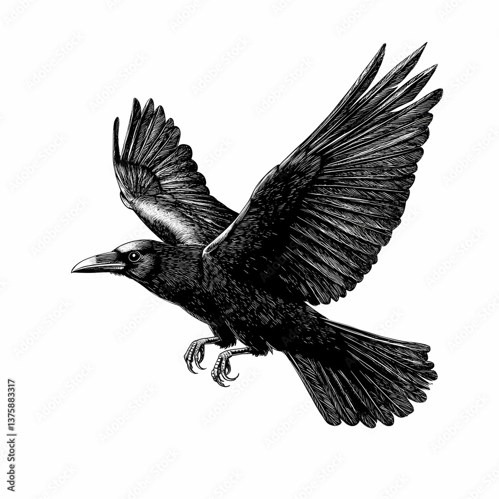 Fototapeta premium Crow flying black engraving on white background 