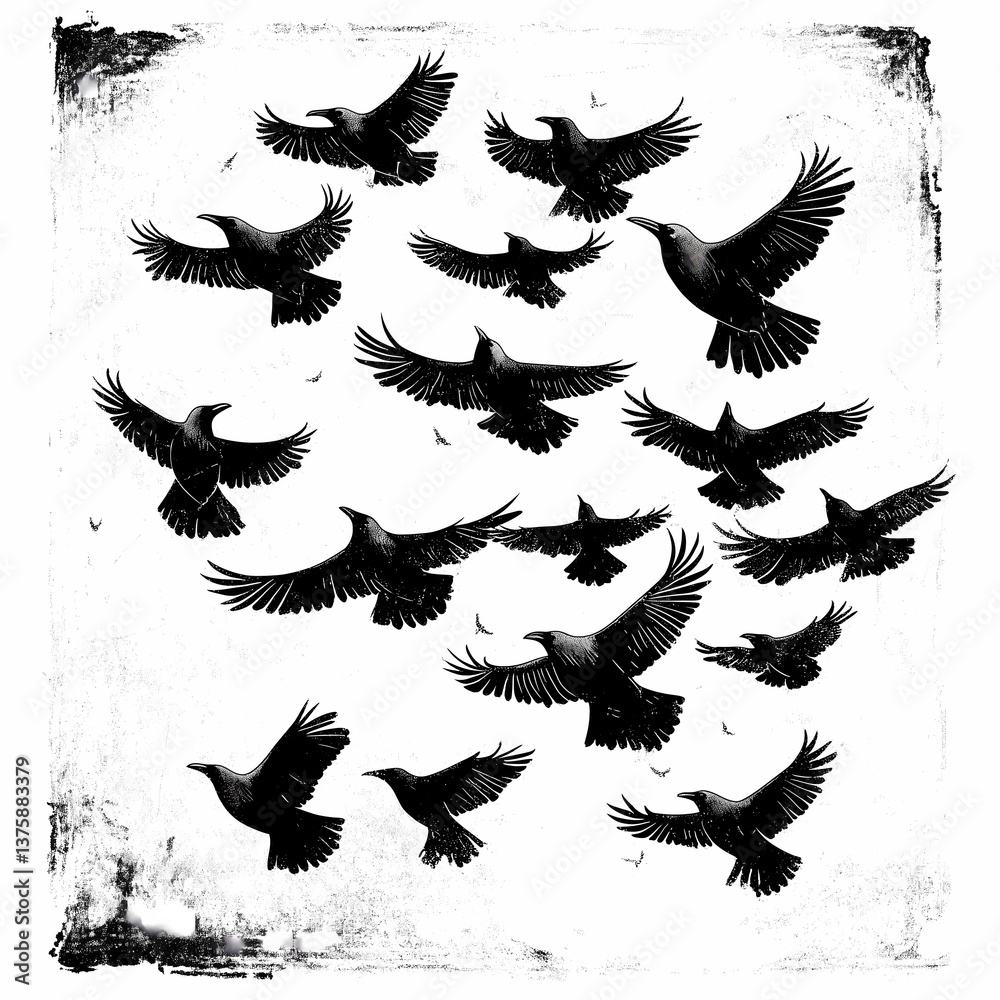 Fototapeta premium black silhouettes crows flying isolated on white background