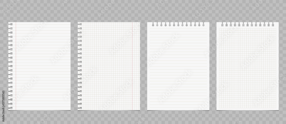 Set of torn lined and squared paper. Torn sheet of paper from a notebook with rough edges. Vector illustration of sticky notes and notebook pages for banners, posters, posts.