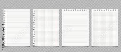 Set of torn lined and squared paper. Torn sheet of paper from a notebook with rough edges. Vector illustration of sticky notes and notebook pages for banners, posters, posts.