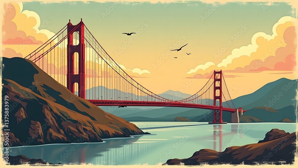 Obraz premium Golden Gate Bridge at Sunset with Hazy Sky and Calm Waters, golden gate bridge at sunset
