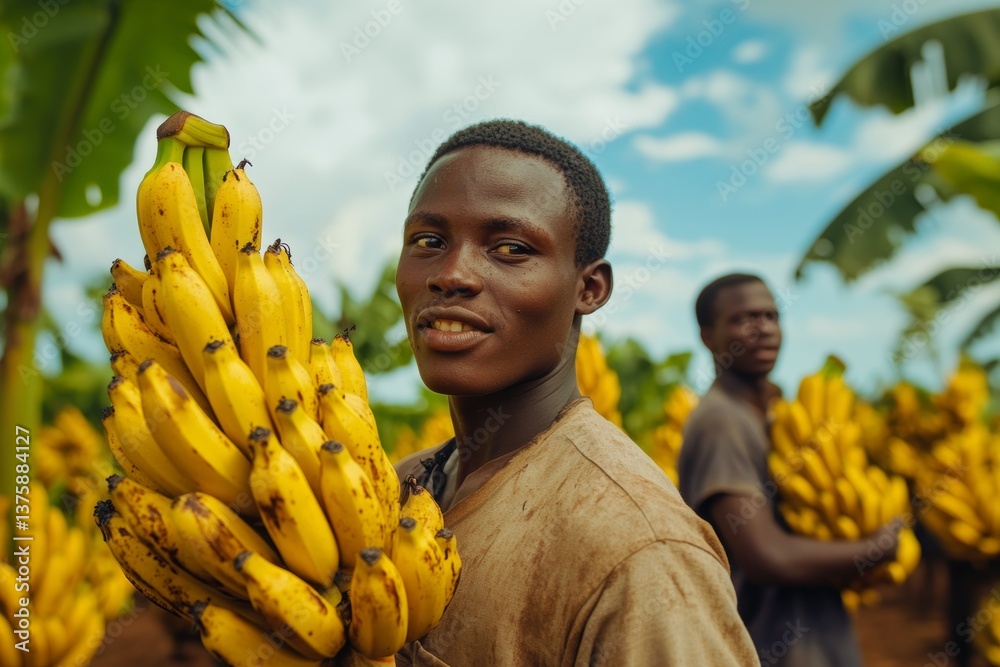 Young man harvesting ripe bananas on tropical plantation during sunny day in natural environment
