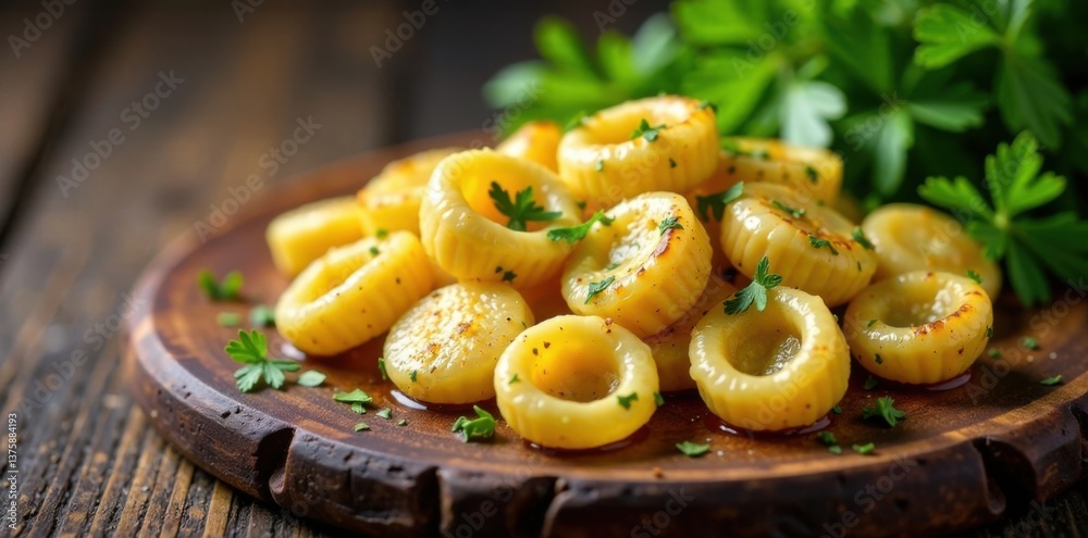 Pan-seared casoncelli with garlic butter and parsley on a rustic wooden board , butter, pasta, searing Pan-seared casoncelli with garlic butter and parsley on a rustic wooden board , butter, pasta, searing