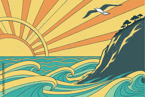 Abstract illustration of colorful (yellow, orange, blue, turquoise) sunrise by the sea with diagonal lines and sun decoration