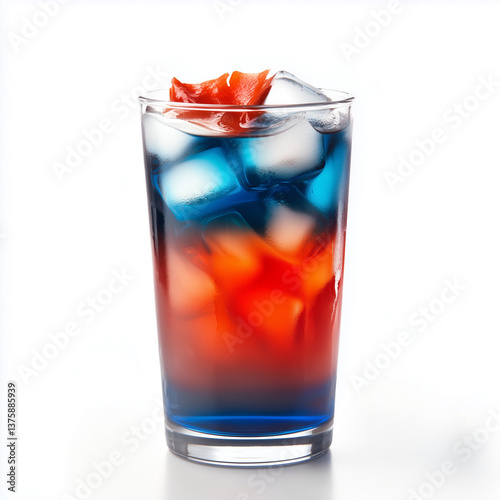 Red, white, and blue layered drink served with ice in a tall glass on a white background