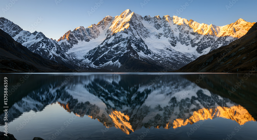 Fototapeta premium Majestic snow-capped mountains reflecting on the still surface of a crystal-clear alpine lake.