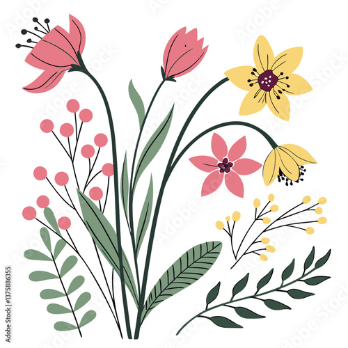 Vector illustration of a floral bouquet with flowers, leaves, and lily design, showcasing spring and summer beauty in a colorful, decorative pattern