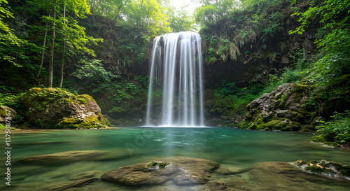 Serene waterfall cascading over moss-covered rocks into a tranquil emerald pool.