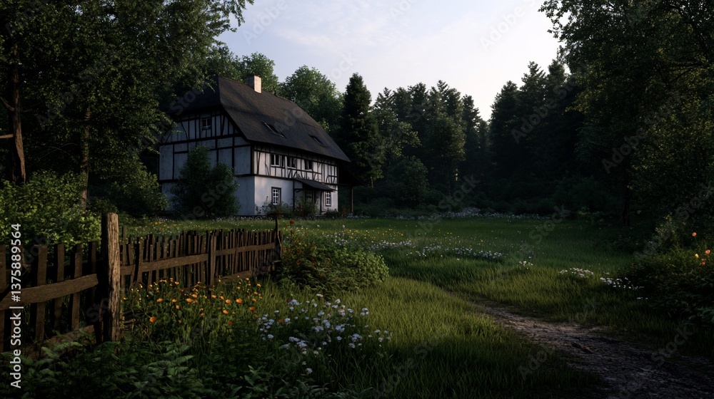 Rustic farmhouse nestled in a verdant landscape, surrounded by trees Rustic farmhouse nestled in a verdant landscape, surrounded by trees
