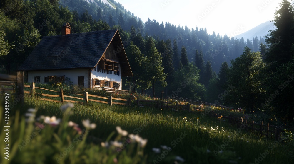 Fototapeta premium Idyllic mountain retreat: a charming cottage nestled amongst verdant hills