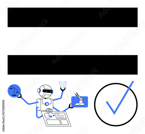 Robot juggling a scale, light bulb, robot arm, documents, and checkmark to highlight AI-driven decision-making, automation, legal technology, analysis innovation ethics and productivity. Ideal
