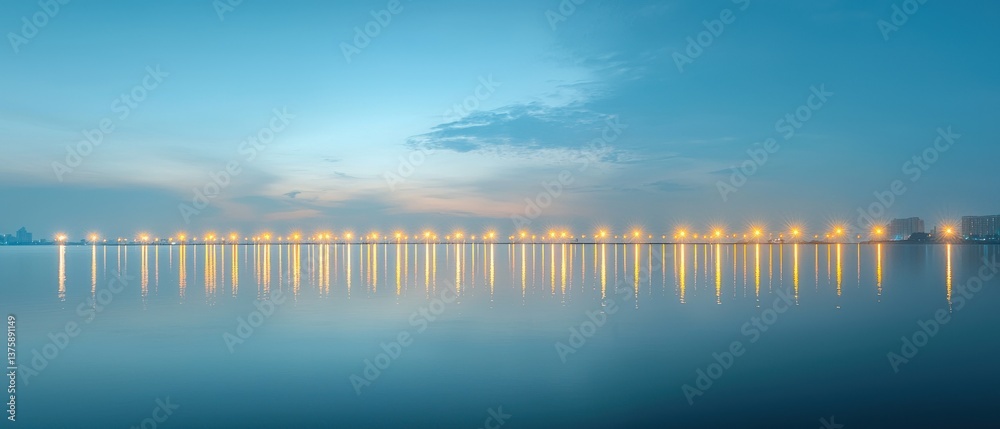Fototapeta premium Tranquil lakeside lights reflect beautifully against the calm mirrored surface of the water creating a serene and dreamlike atmosphere under the twilight sky