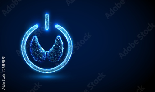 Abstract blue thyroid gland inside a power button. Thyroid health protection concept. Low poly futuristic digital technology neon style