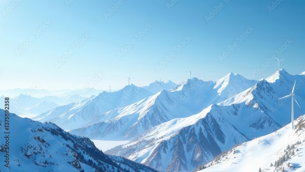 Fototapeta premium Serene Winter Landscape with Majestic Mountain Peaks and Clean Energy Wind Turbines