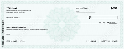 Blank bank check, checkbook cheque template or money payment paper voucher, vector mockup. Business or personal account cash pay cheque certificate or paycheck coupon from checkbook