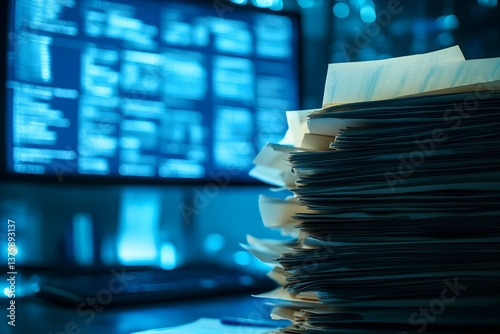 A stack of papers on an office desk, with a blurred background showing digital screensv