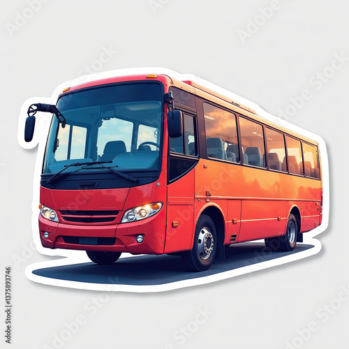 Bright red bus parked under a setting sun in a quiet urban area