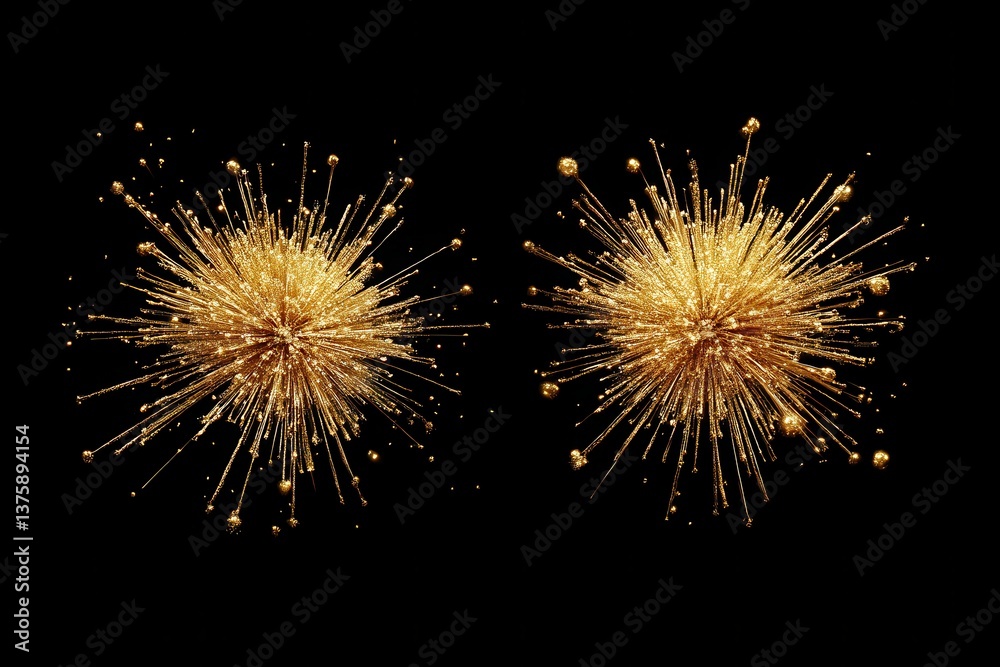 Obraz premium Golden fireworks exploding on black background