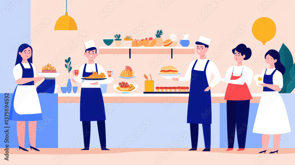 Team of chefs serving dishes in a vibrant kitchen setting, highlighting culinary creativity and teamwork. Team of chefs serving dishes in a vibrant kitchen setting, highlighting culinary creativity and teamwork.