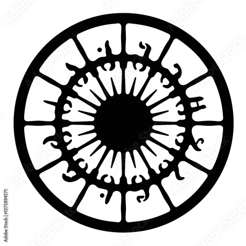 Zodiac wheel silhouette against white background, astrology concept