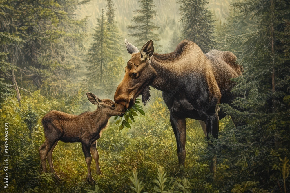Fototapeta premium A mother moose gently touches her calf with leaves in forest
