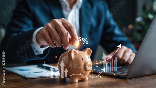 A person wearing a suit is depositing money into a piggy bank while analyzing financial data on a laptop. The image symbolizes saving, investing, and financial planning, with digital elements like gra