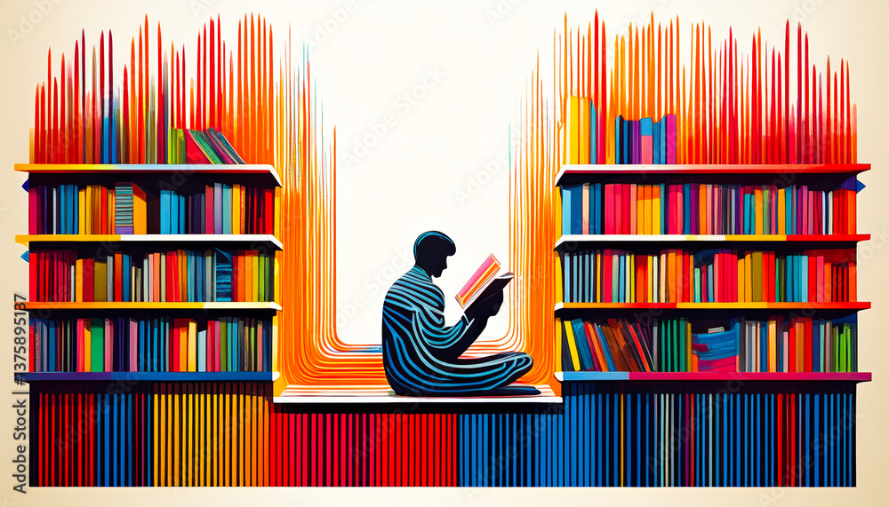 A person enjoys reading a book surrounded by colorful shelves in a cozy library setting