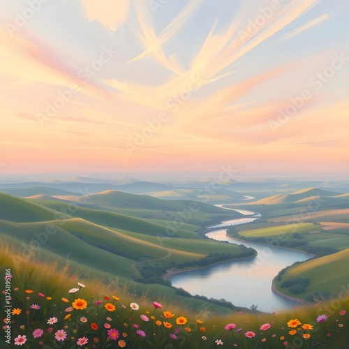 Tranquil Rolling Hills with Wildflowers and Serene River at Sunset