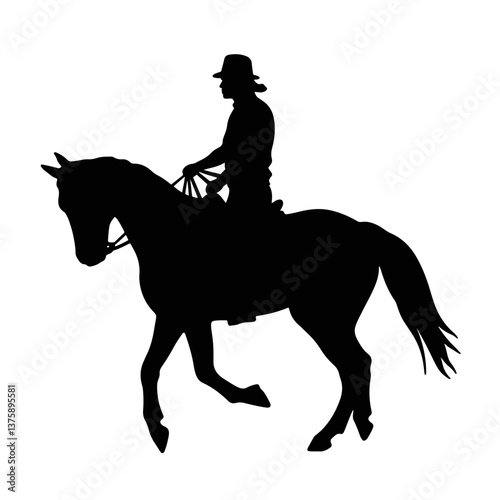 Horse rider silhouette in motion against white background, sports symbolism