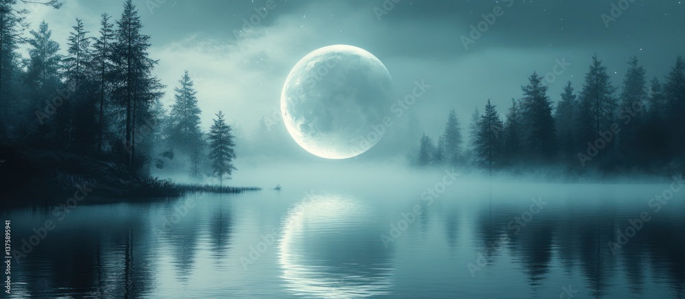 Misty lake, full moon, tranquil forest Misty lake, full moon, tranquil forest