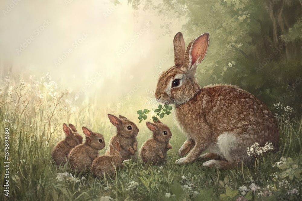 Obraz premium A brown mother rabbit with her young bunnies in the grass