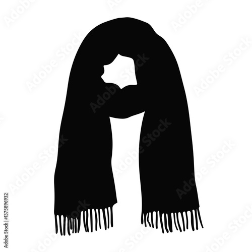 Elegant black scarf silhouette on white background, stylish accessory