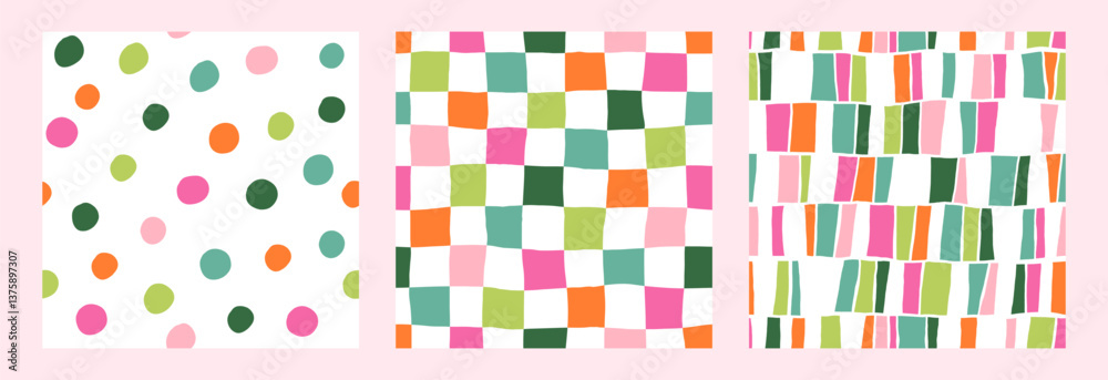 Abstract modern hand drawn dots and checkerboard seamless patterns set vector illustration.